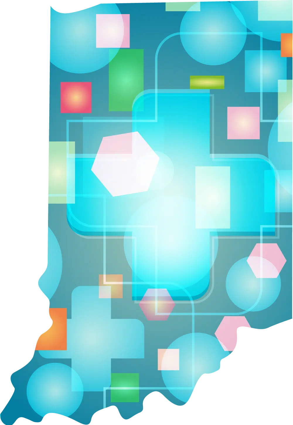 a blue and green background with squares and dots in the shape of Indiana